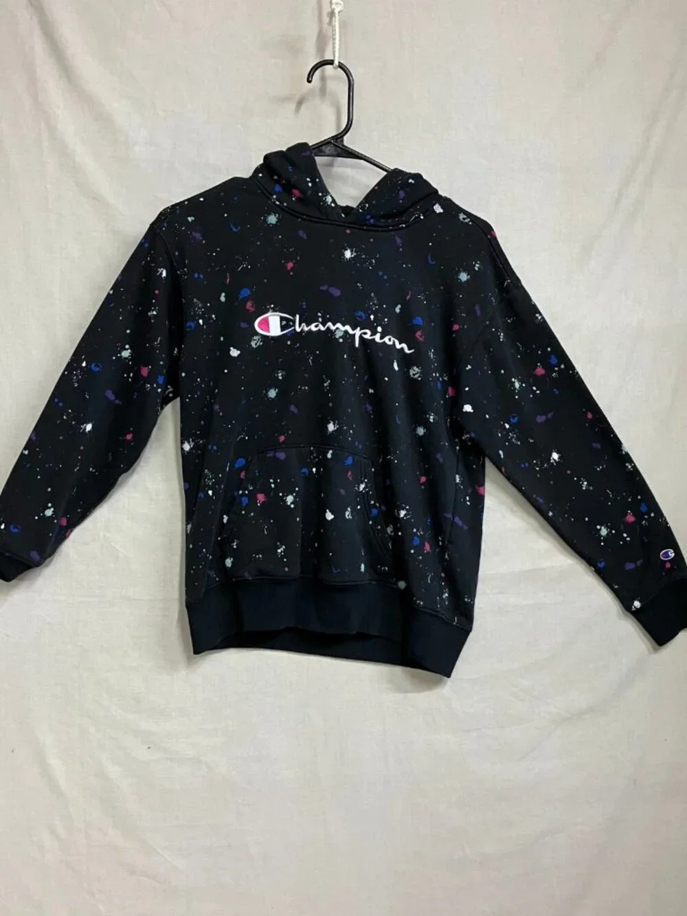 Champion Hoodie Kids Girls L Black Paint Splatter Pullover Graphic Sweatshirt